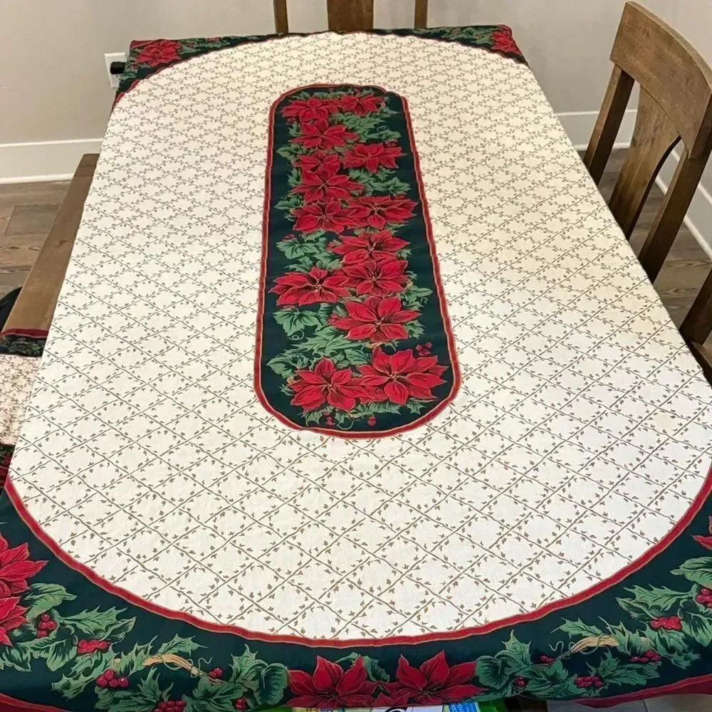 Elegant vintage Holiday Tablecloth with Poinsettia Design